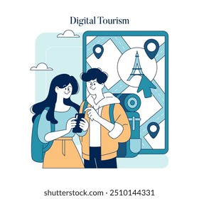 Conceito do Dia Mundial do Turismo. Viajantes vendo um mapa em um tablet digital, destacando viagens e tecnologia modernas. Ilustração vetorial.