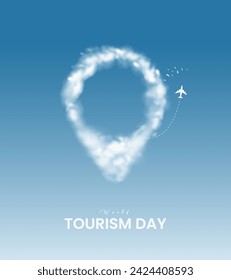 In: World Tourism Day. Tourismus Tag kreatives Design für Social Media Banner und Poster, Reisekonzept. 3D-Darstellung.