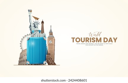 In: World Tourism Day. Tourismus Tag kreatives Design für Social Media Banner und Poster, Reisekonzept. 3D-Darstellung.