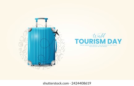 In: World Tourism Day. Tourismus Tag kreatives Design für Social Media Banner und Poster, Reisekonzept. 3D-Darstellung.