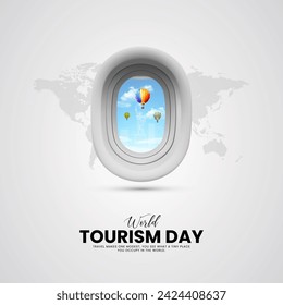 In: World Tourism Day. Tourismus Tag kreatives Design für Social Media Banner und Poster, Reisekonzept. 3D-Darstellung.