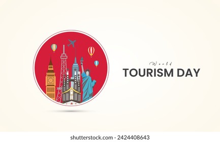 In: World Tourism Day. Tourismus Tag kreatives Design für Social Media Banner und Poster, Reisekonzept. 3D-Darstellung.