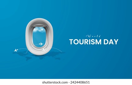 In: World Tourism Day. Tourismus Tag kreatives Design für Social Media Banner und Poster, Reisekonzept. 3D-Darstellung.