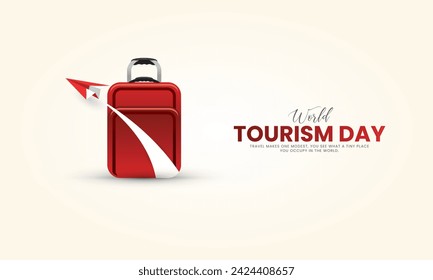 In: World Tourism Day. Tourismus Tag kreatives Design für Social Media Banner und Poster, Reisekonzept. 3D-Darstellung.