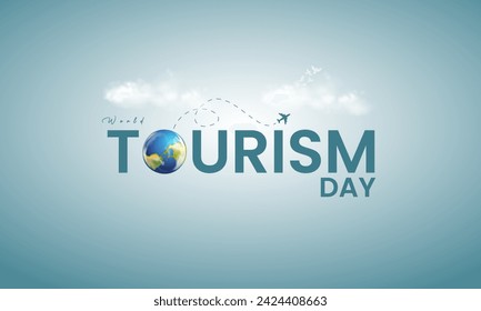 In: World Tourism Day. Tourismus Tag kreatives Design für Social Media Banner und Poster, Reisekonzept. 3D-Darstellung.