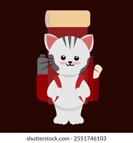 World tourism day of a cute cat with a backpack, Cute little cat bring camping equipment for adventure hand drawn