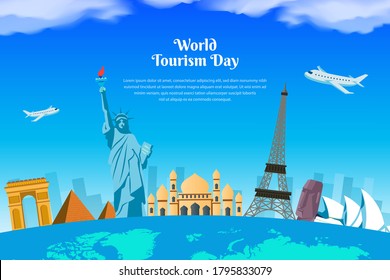 World tourism day design with famous landmarks in the world. Statue of Liberty, Eiffel Tower, Taj Mahal, pyramid, Sydney Opera House,  Arc de Triomphe, monument, moai statue