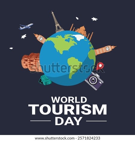 A World Tourism Day design featuring a globe with various travel icons, emphasizing the importance of tourism and travel for global awareness and cultural exchange