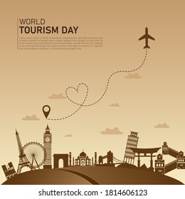 World tourism day flat vector illustration with world's famous landmarks and tourist destinations elements.