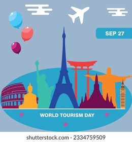 World tourism day flat vector illustration with world's famous landmarks and tourist destinations elements
