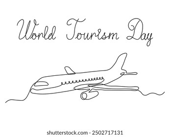 Día Mundial del Turismo. avión volador, boceto de dibujo a mano de una línea continua, logotipo