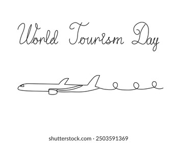 Día Mundial del Turismo. avión volador, boceto de dibujo a mano de una línea continua, logotipo