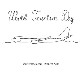 Día Mundial del Turismo. avión volador, boceto de dibujo a mano de una línea continua, logotipo