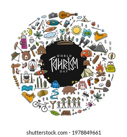 World Tourism Day. Forest and Mountain Tourist icons set. Camping Background for your design.