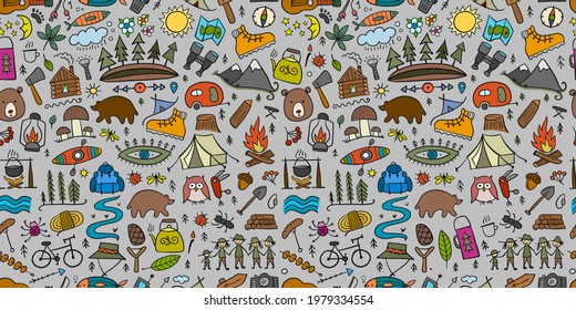 World Tourism Day. Forest and Mountain Tourist Seamless pattern. Camping Background for your design.
