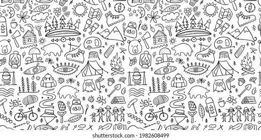 World Tourism Day. Forest And Mountain Tourist Seamless Pattern. Camping Background For Your Design.