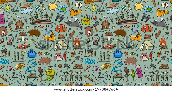 World Tourism Day. Forest and
Mountain Tourist Seamless pattern. Camping Background for your
design.