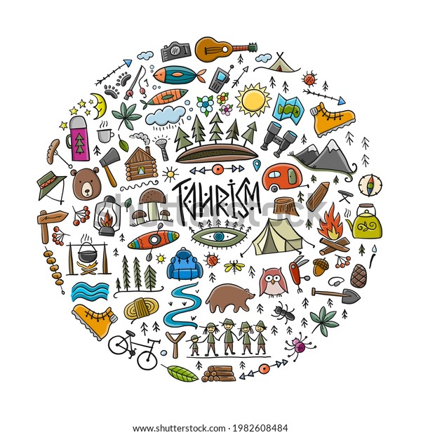 World Tourism Day. Forest and\
Mountain Tourist icons set. Camping Background for your\
design.