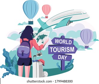 World Tourism Day, A Girl With World Map And Bag Going World Tour Illustration.