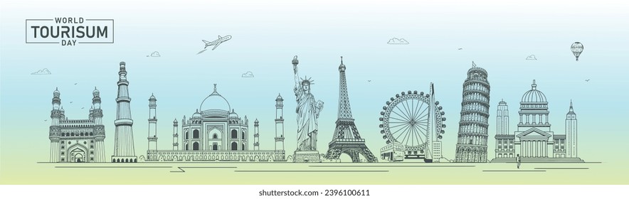 World Tourism Day illustration, Line art, monuments.