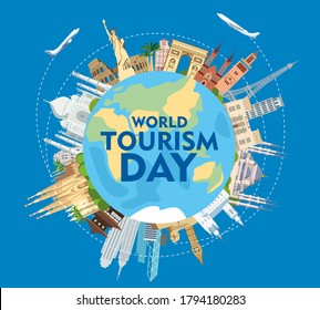 World Tourism Day. The inscription on the globe. Around the monuments of architecture