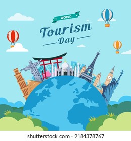 World Tourism Day. The inscription on the globe. Around the monuments of architecture. Flat vector illustration