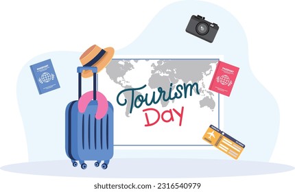World tourism day - Lets Explore Together - Luggage Bag, Books, Ticket, Plane, Map, Compass, Camera, Cap, flat vector illustration 