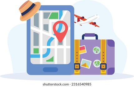 World tourism day - Lets Explore Together - Luggage Bag, Books, Ticket, Plane, Map, Compass, Camera, Cap, flat vector illustration 