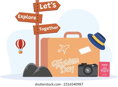 World tourism day - Lets Explore Together - Luggage Bag, Books, Ticket, Plane, Map, Compass, Camera, Cap, flat vector illustration 