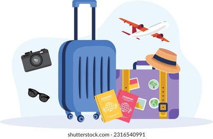 World tourism day - Lets Explore Together - Luggage Bag, Books, Ticket, Plane, Map, Compass, Camera, Cap, flat vector illustration 