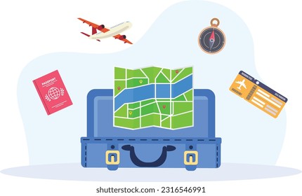 Día Mundial del Turismo - Exploremos el mundo - Avión, Entradas, Equipaje, Libros, Mapa, Brújula, ilustración vectorial plana