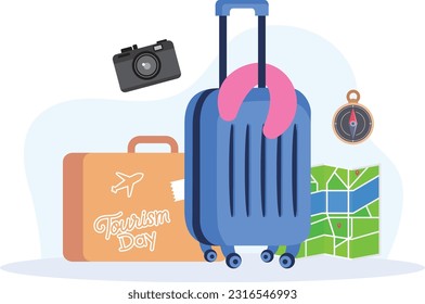 World tourism day - Lets Explore World - Plane, Tickets, Luggage, Books, Map, Compass, flat vector illustration