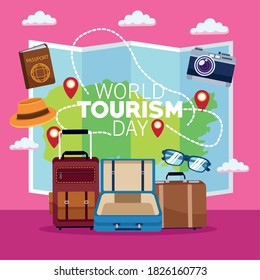 world tourism day lettering celebration with paper map and set icons vector illustration design