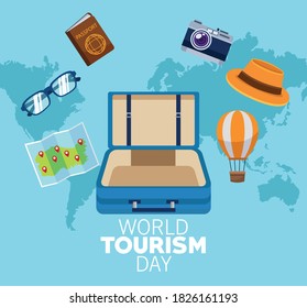 world tourism day lettering celebration with earth maps and set icons vector illustration design