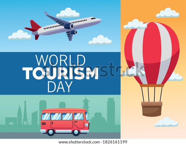 world tourism day lettering
celebration with transport means vector illustration
design