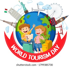 World tourism day logo with couple tourist and famous tourist landmarks elements illustration