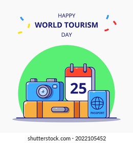 World Tourism Day Luggage and Stuff for Holiday Cartoon Illustration. Tourism Icon Concept Isolated.