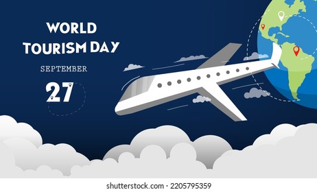 World Tourism Day on September 27th with a world map. Travel concept. Poster and template design vector illustration.