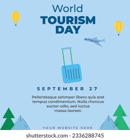 World tourism day with plane, opera house, statue vector illustration. social media post design. 