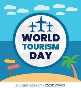 "World Tourism Day poster featuring a blue background and an airplane shape. The design incorporates a water-colored shape, symbolizing global travel. This minimalist style is perfect for tourism prom