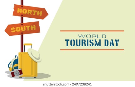 World Tourism Day poster with signposts and travel equipment