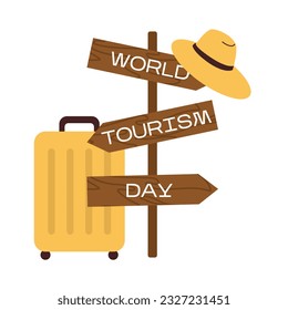 World tourism day poster. World travel concept with pointer, luggage, suitcase and hat. Travel, vacation concept. Vector flat style illustration isolated on white background