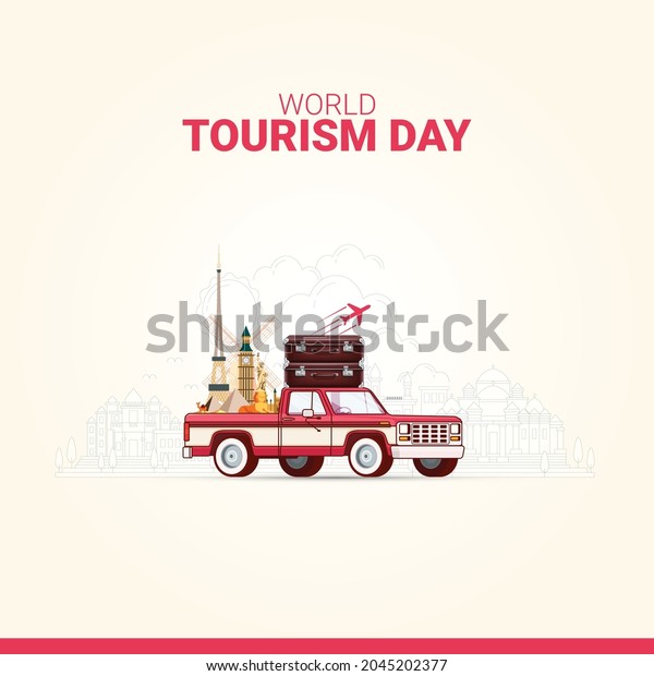 World Tourism\
day, running car with travel\
bag