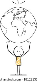 World tourism day series.cartoon stickman hold earth. vector illustration.