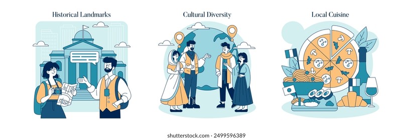 World Tourism Day set. Exploring ancient landmarks, embracing cultural diversity, and tasting local cuisine. Celebrating global travel adventures. Vector illustration.