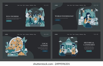 World Tourism Day set. Planning, accessibility, and virtual exploration of global destinations. Enabling travel for all, online world tours. Vector illustration.