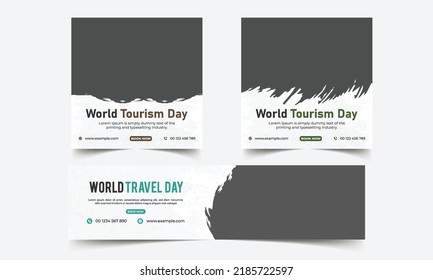 Plantilla de publicación en redes sociales del Día Mundial del Turismo,Plantilla de publicación de artículos en redes sociales de venta de viajes. Banner web, volante o afiche para la promoción de ofertas de negocios de agencias de viajes. Publicidad en vacaciones y viajes turísticos