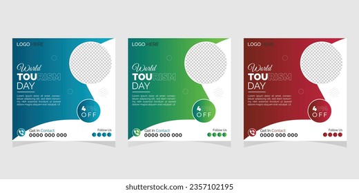 World Tourism Day social media post design template. 27 September world tourism day social media post. Special social media post for world tourism day.