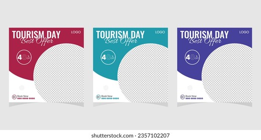 World Tourism Day social media post design template. 27 September world tourism day social media post. Special social media post for world tourism day.