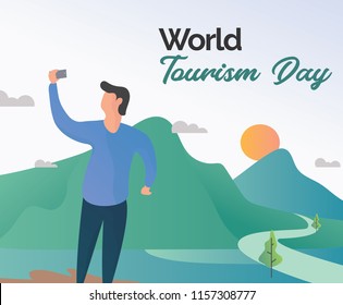 world tourism day. someone takes a picture with nature illustration